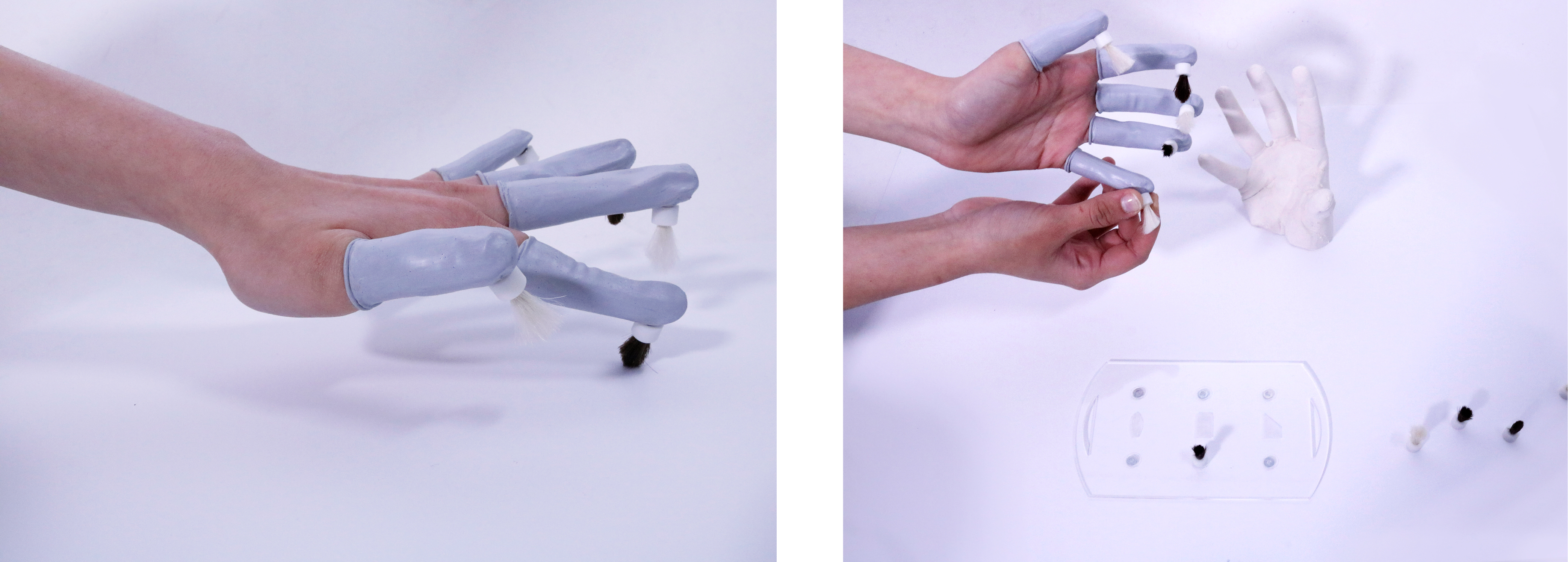 Hand with fnger cots on a purple background