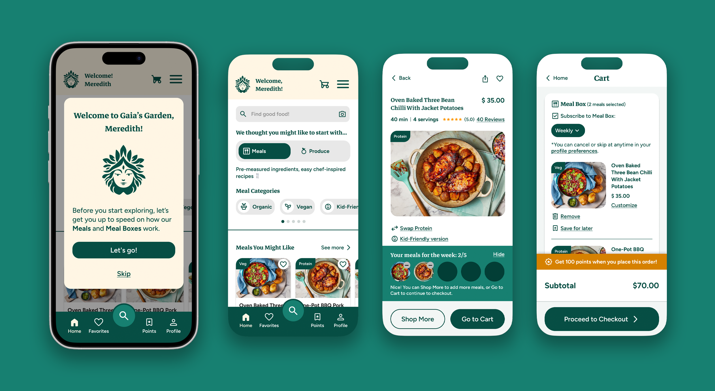Mockup of Gaia's Garden's native app, showing the homepage, meal kits and cart page