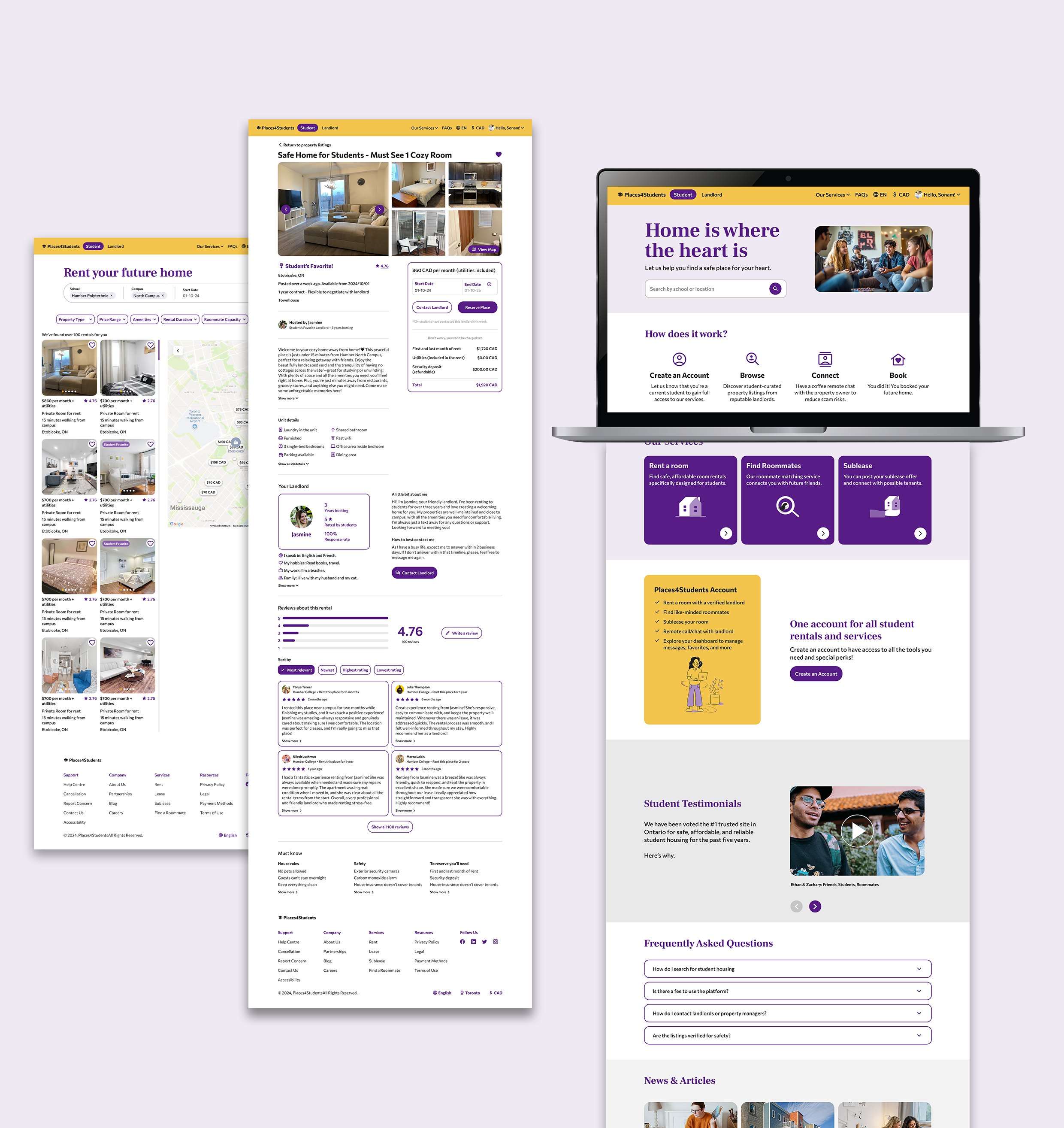 Redesign of Place4Students' website, desktop version, showing the homepage, search page and listing page on desktop
