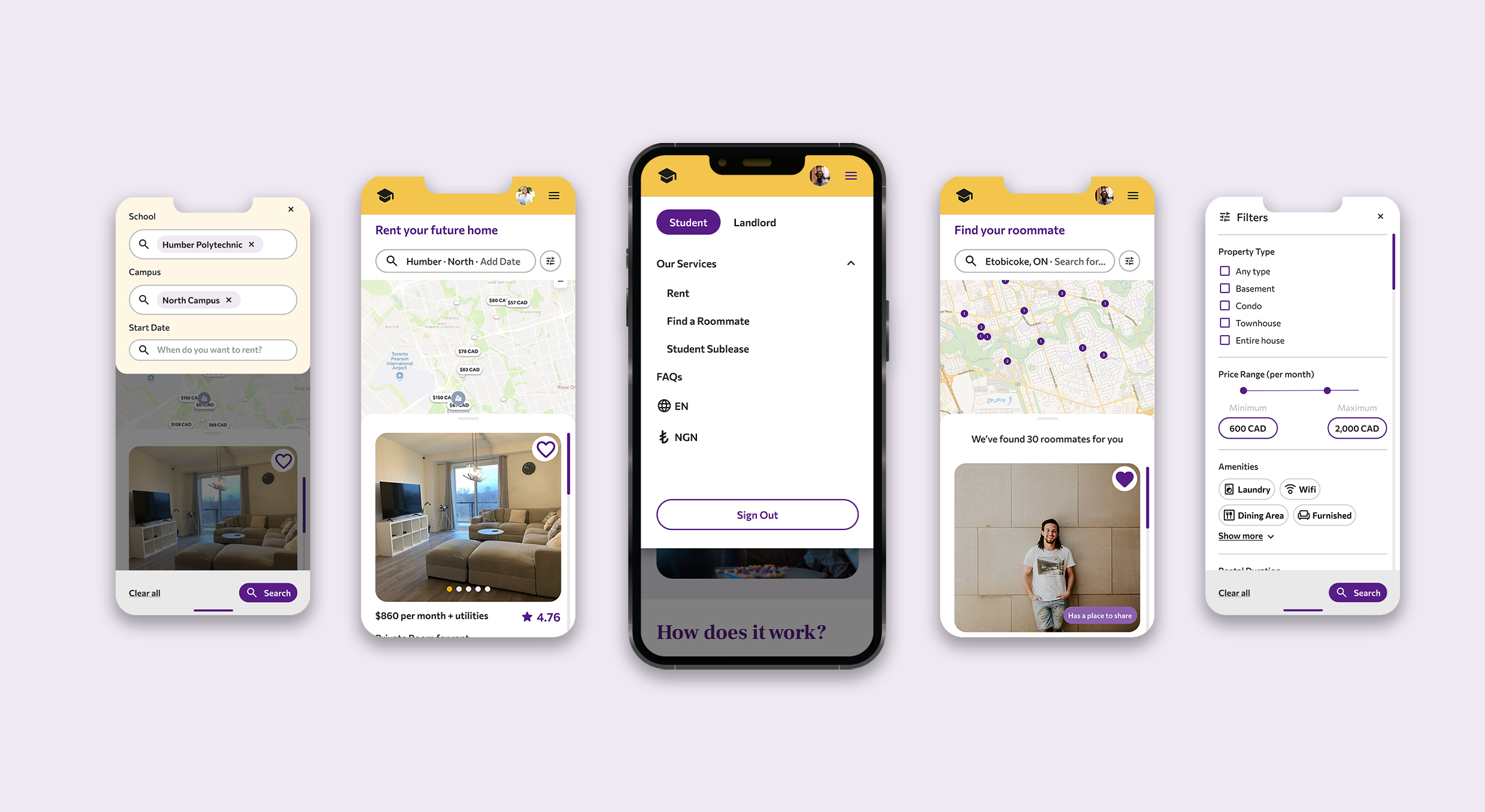 Redesign of Place4Students' website, mobile version, showing the navigation, roommate listings and filter options, and housing listings and filter options on mobile