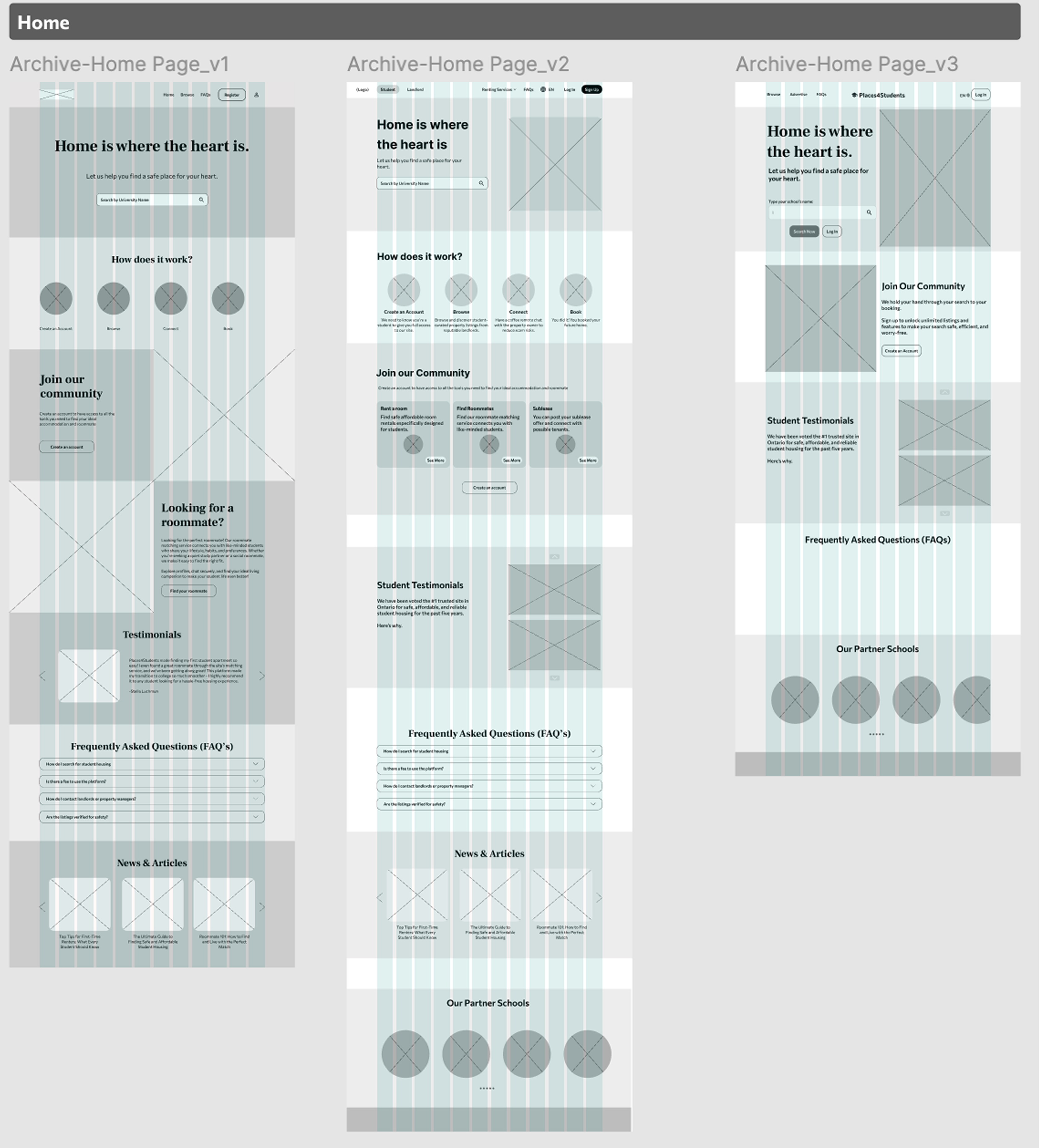 Three iterations of the low fidelity wireframe of the landing page for Place4Students' website redesign
