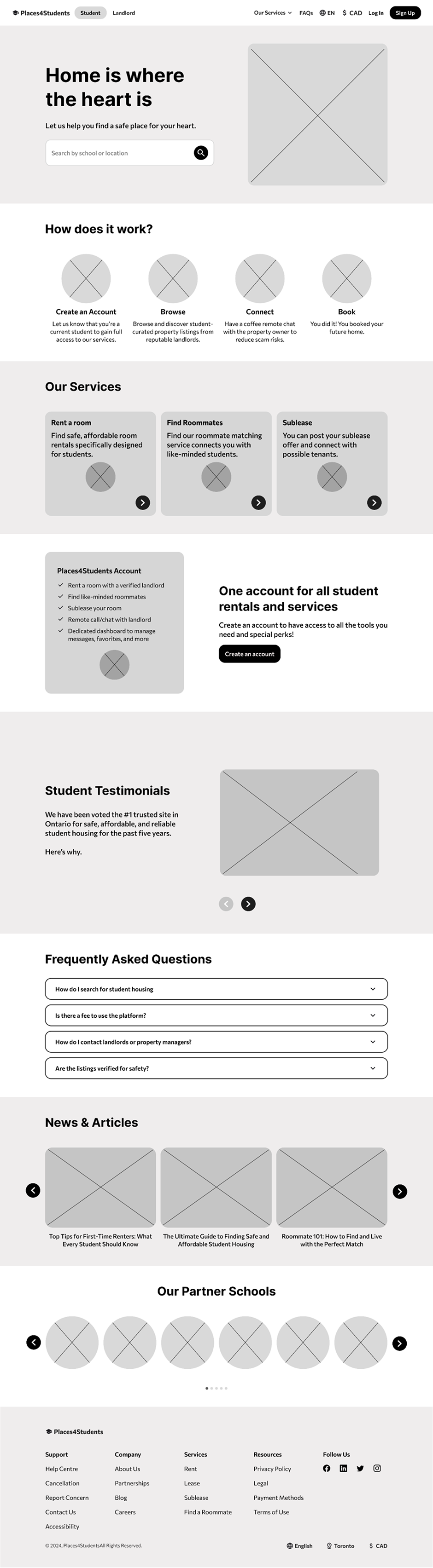 Consolidated low fidelity wireframe of the landing page for Place4Students' website redesign