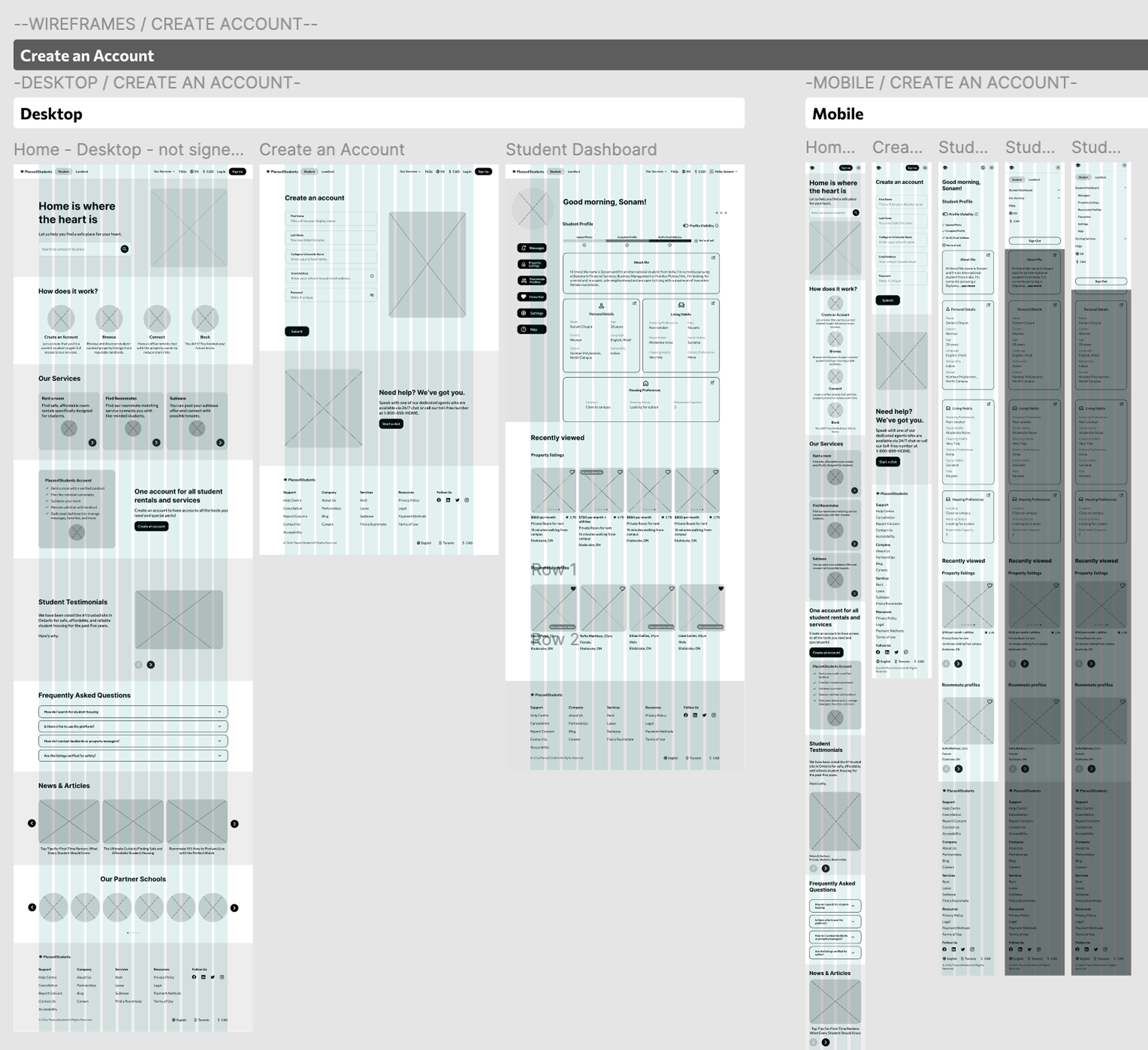 Low fidelity wireframes for Place4Students' website redesign, showing both desktop and mobile version