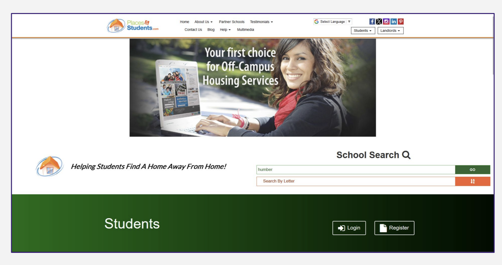 Current landing page of Places4Students website