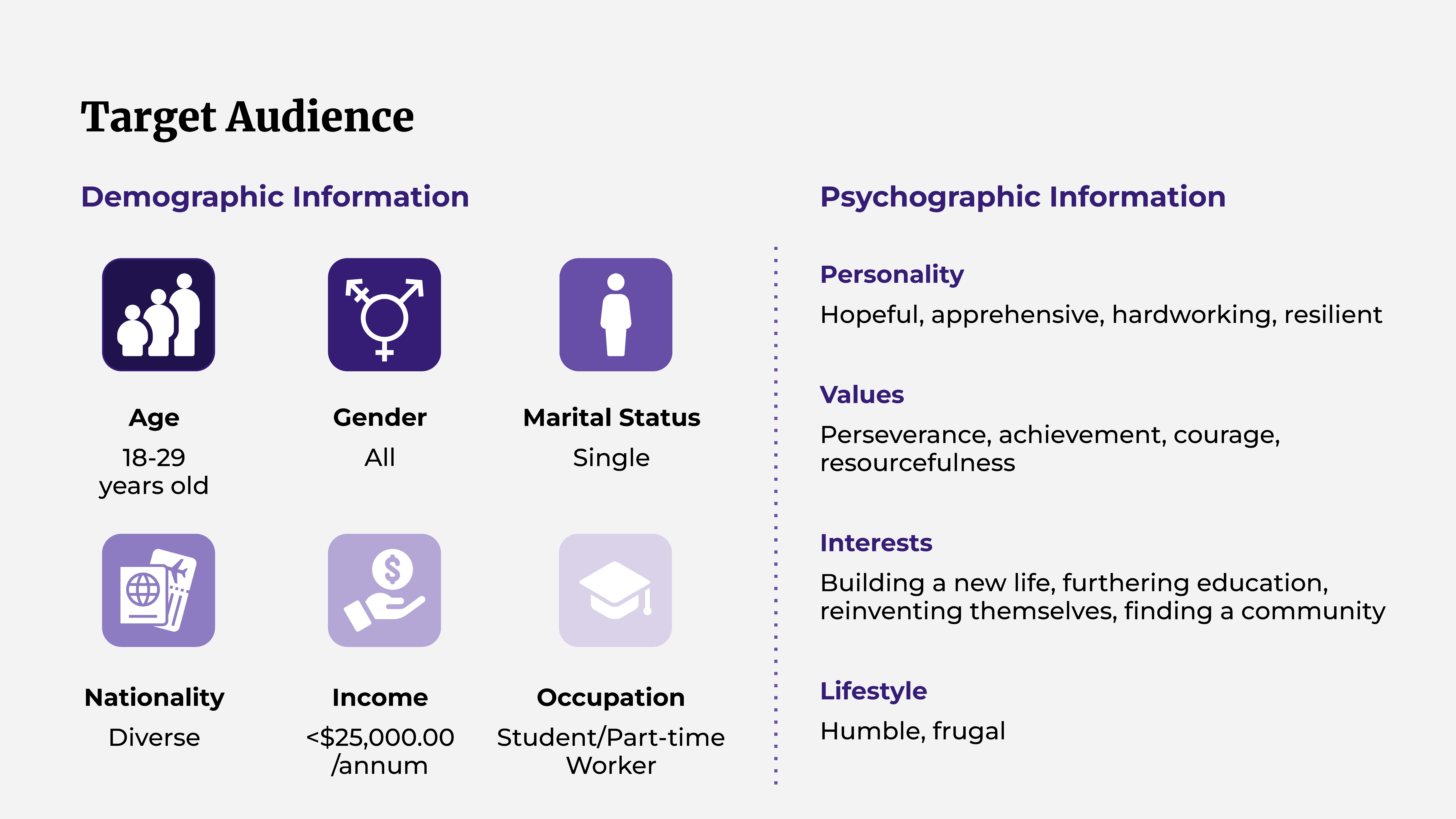 Target audience for the redesign of Places4Students' website, showing the demographic and psychographic informations