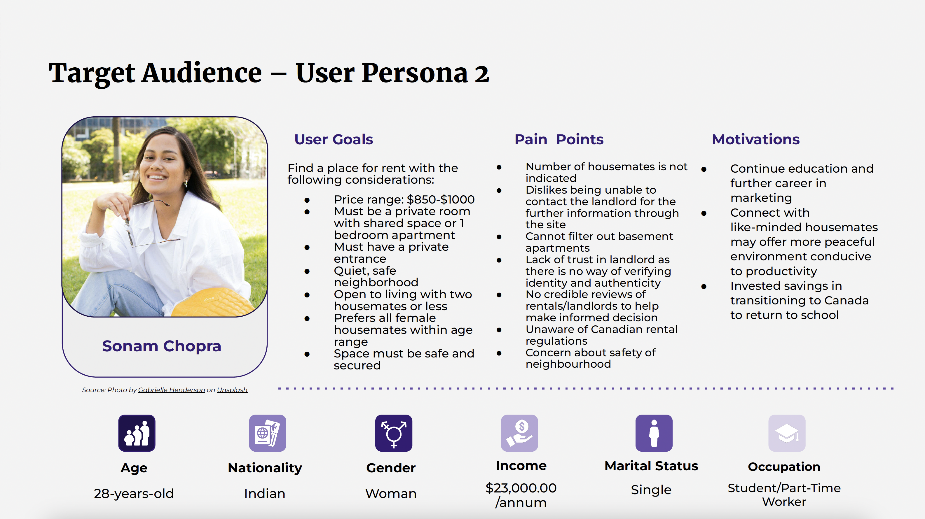 User persona 2 for the redesign of Place4Students' website, showing user's goals, pain points and motivations