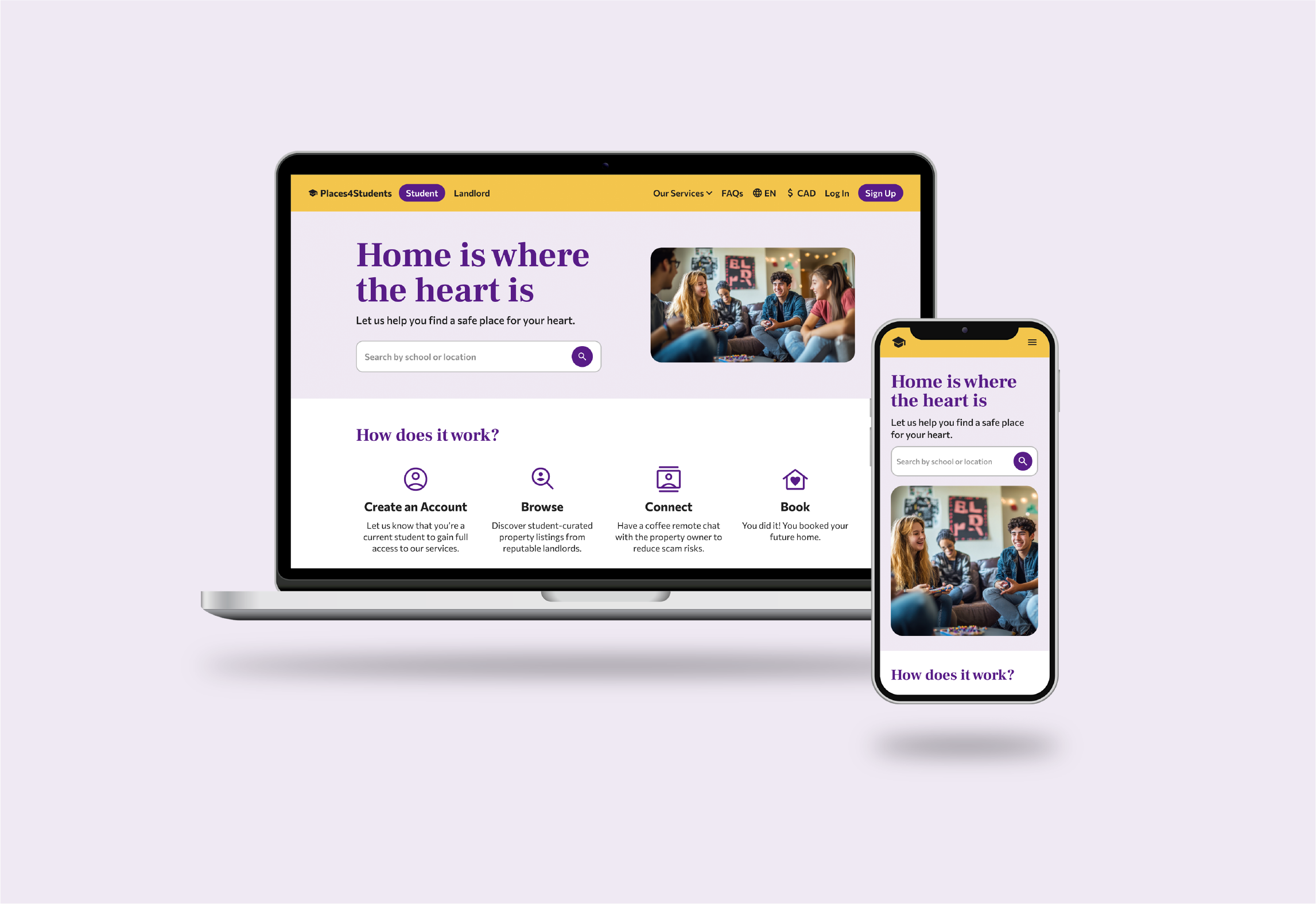 Landing page of Places4Students on desktop and mobile