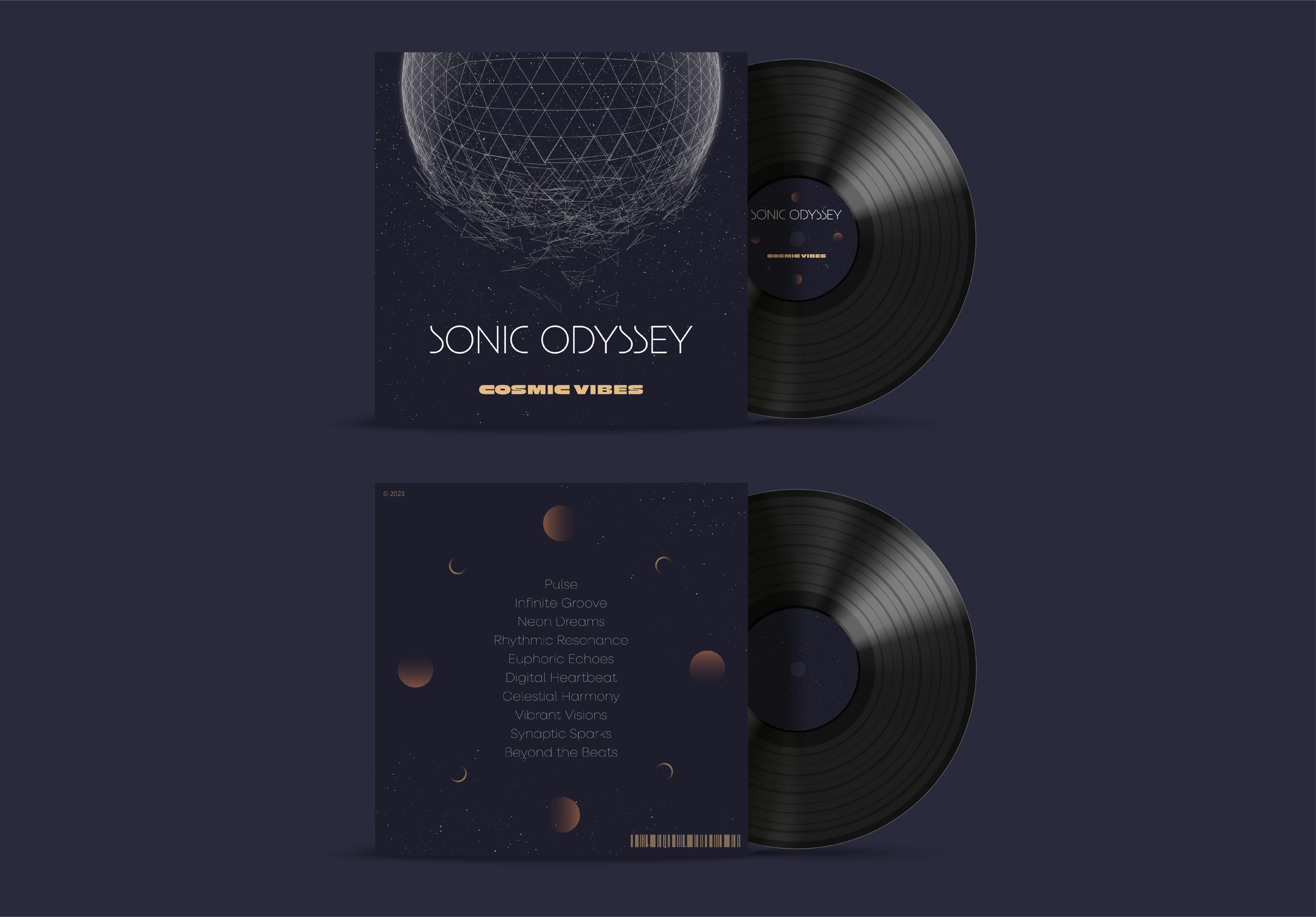 Prototype of the record cover, front and back, for Cosmic Vibes' new album, Sonic Odyssey, in a night blue background