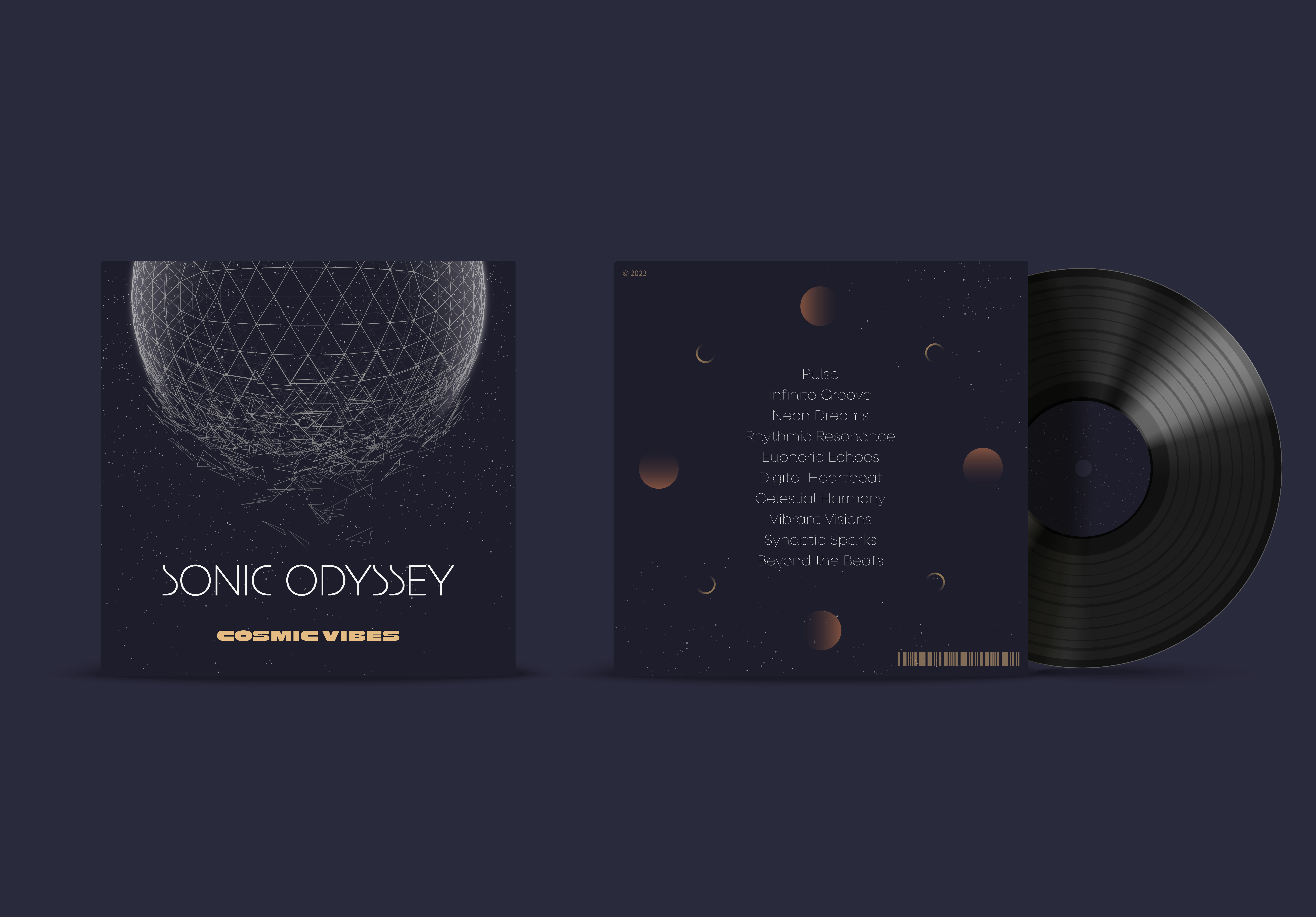 Prototype of the record cover, front and back, for Cosmic Vibes' new album, Sonic Odyssey, in a night blue background