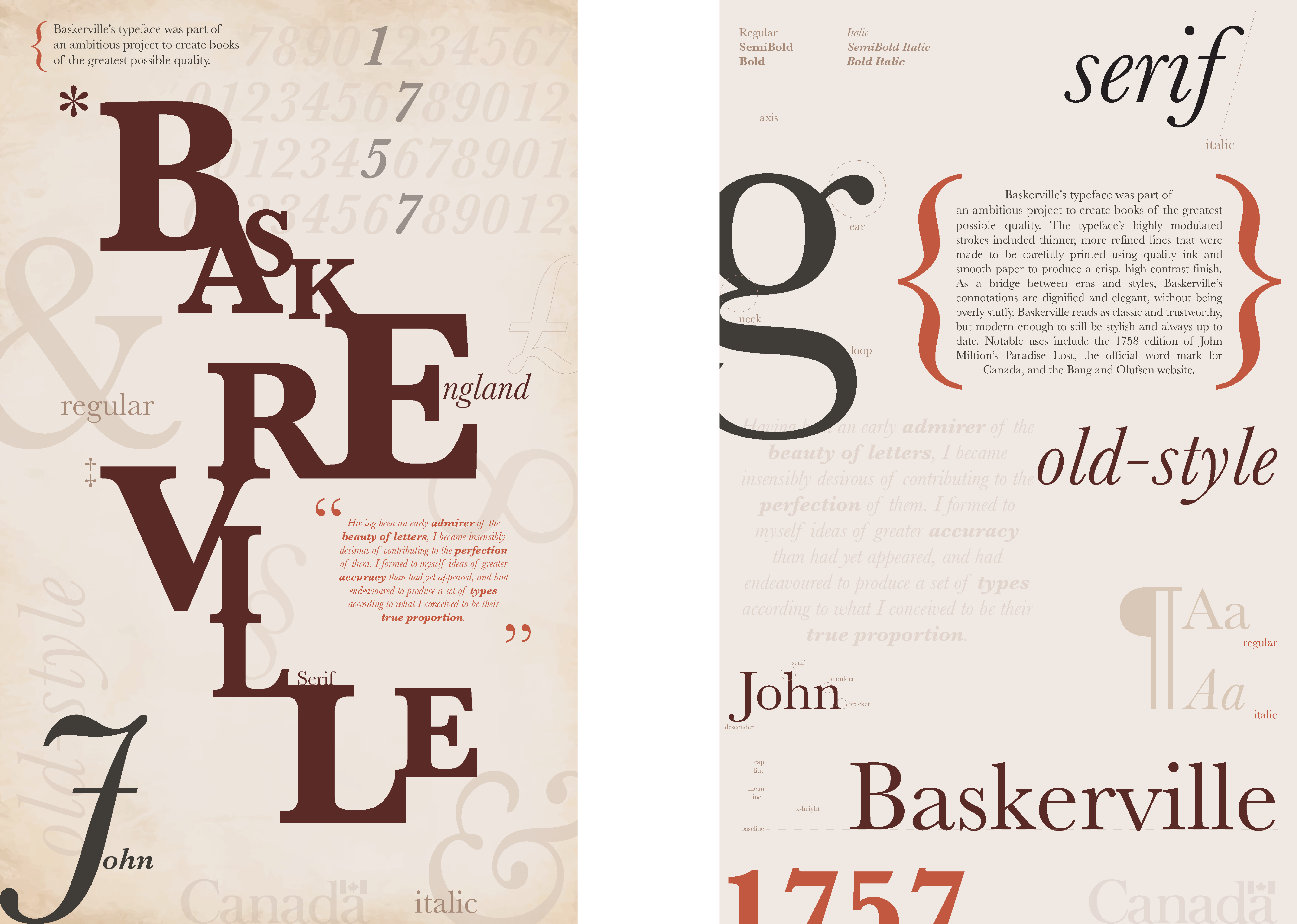 Two poster design iterations of the typeface specimen, Baskerville