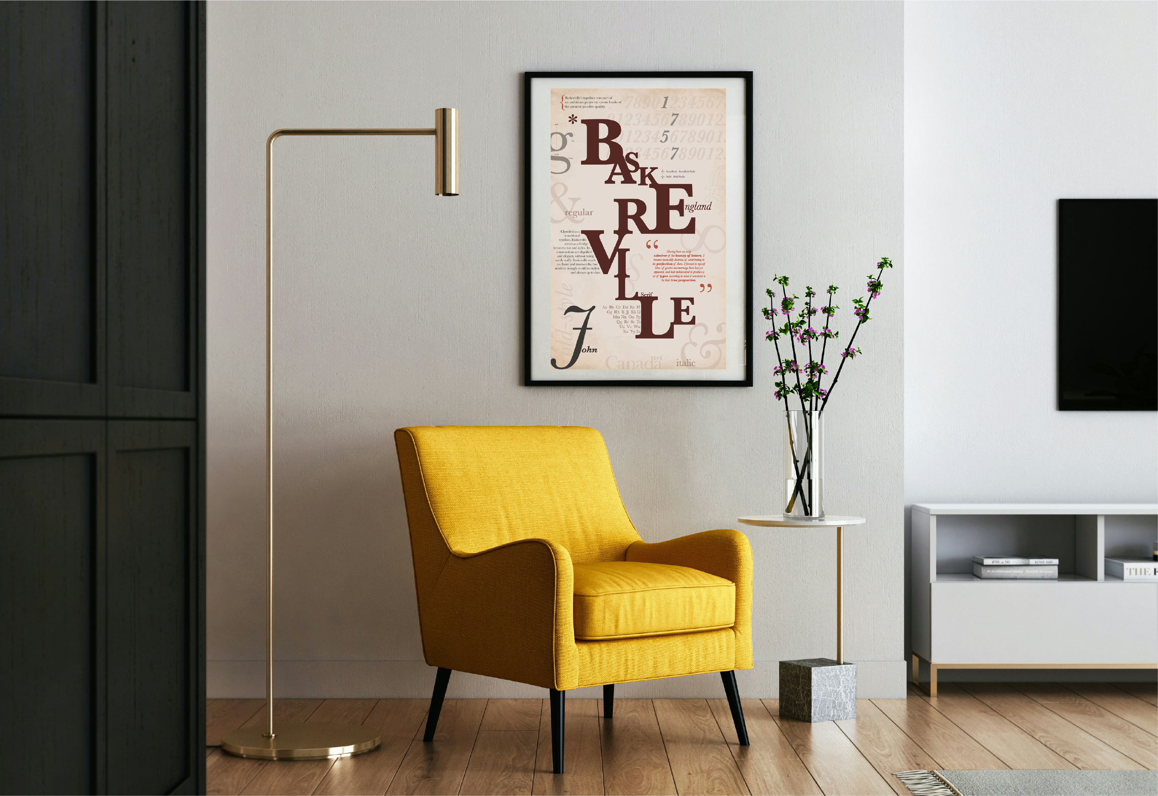 Framed mockup of the poster of Baskerville's typeface specimen, hanging on the wall of a living room, above a yellow arm chair